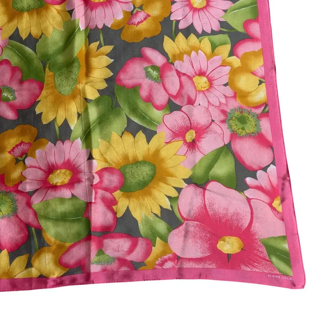 Colorful silk scarf by Elaine Gold vintage 80s large square peachy flower power